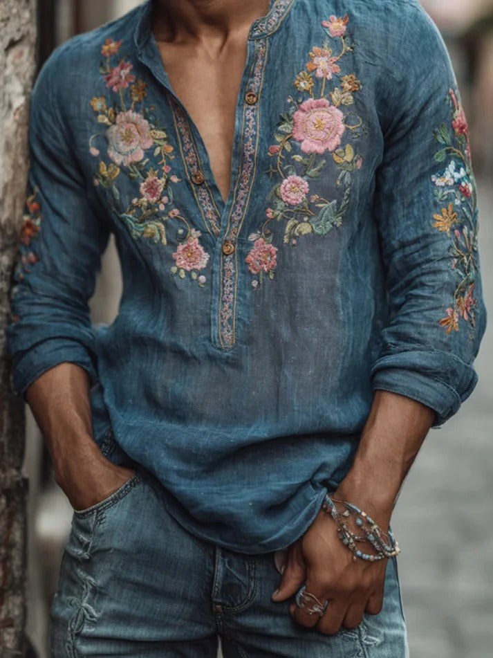Boho Floral Embroidered Henley Shirt – Vintage Indigo Long Sleeve Casual Top S–6XL