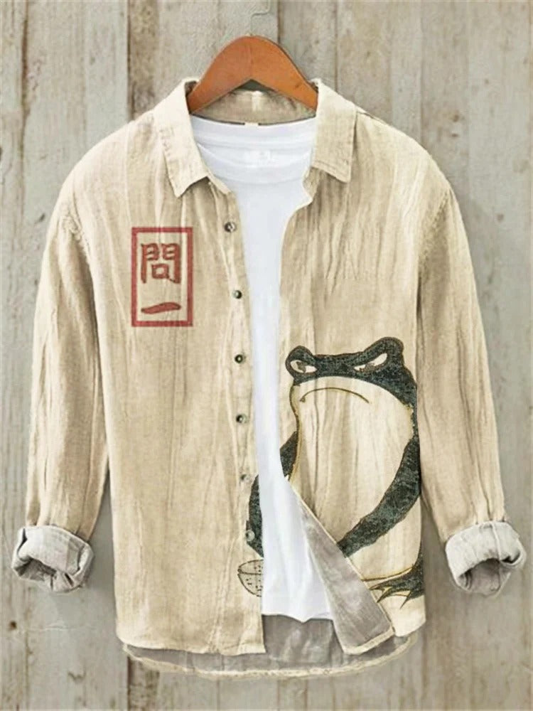 Japanese Frog Art Linen Shirt – Vintage Zen Graphic Button Down – Casual Long Sleeve S–6XL