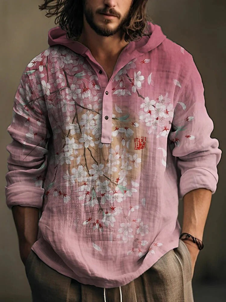 Blush Sakura Blossom Hooded Shirt – Japanese Cherry Blossom Linen Style Pullover – Unisex Long Sleeve S–6XL
