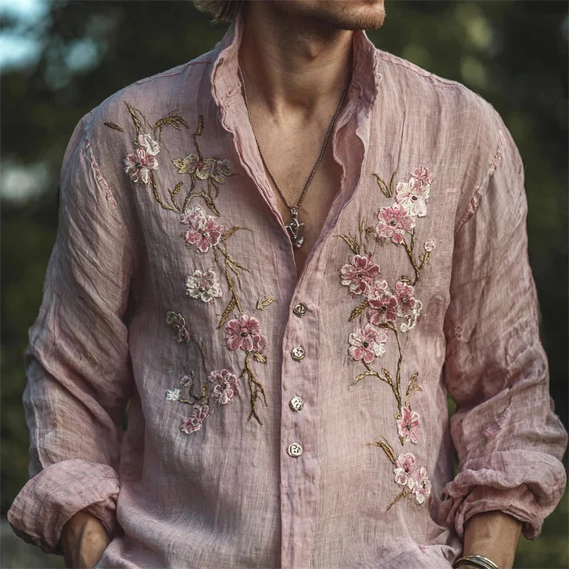 Blush Pink Floral Embroidered Linen Shirt – Vintage Boho Button Down – Relaxed Fit S–6XL
