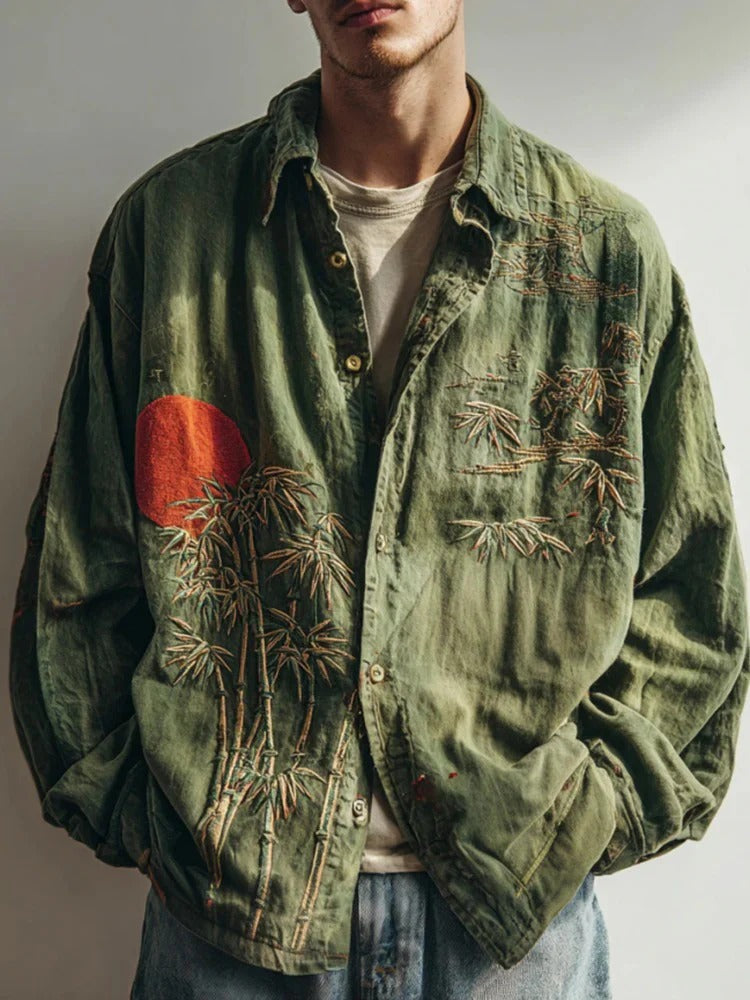 Japanese Sun Bamboo Overshirt – Vintage Washed Artistic Button Jacket – Relaxed Fit S–6XL