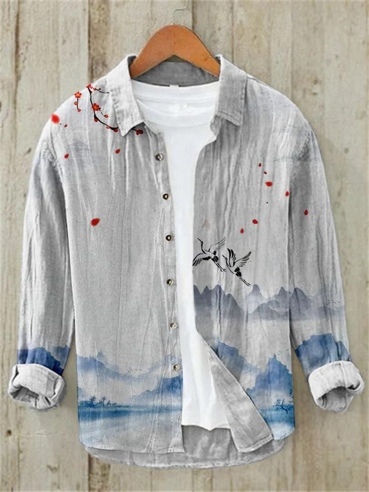 Japanese Crane Landscape Linen Shirt – Ink Wash Mountain Button Down – Artistic Casual S–6XL