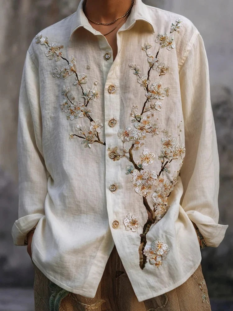 Ivory Blossom Embroidered Shirt – Japanese Cherry Branch Linen Style Button-Up – Unisex Long Sleeve S–6XL
