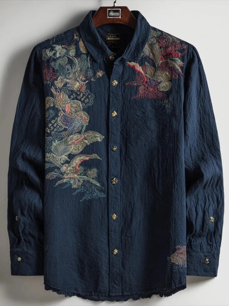 Navy Artistic Embroidered Shirt – Vintage Floral & Bird Button Down – Luxury Casual S–6XL