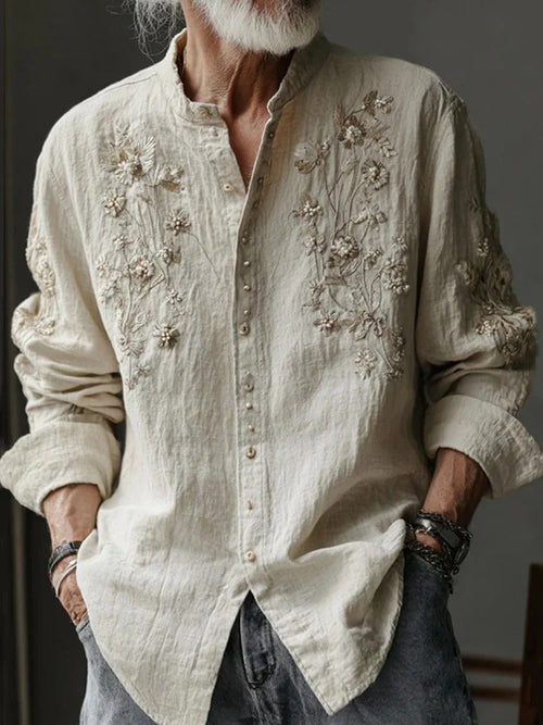 Beige Floral Embroidered Mandarin Collar Shirt – Vintage Linen Button Down S–6XL