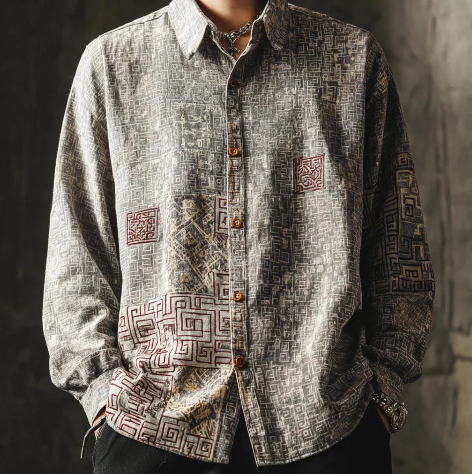 Japanese Geometric Ink Shirt – Vintage Maze Pattern Button Down – Textured Linen Casual Shirt S–6XL