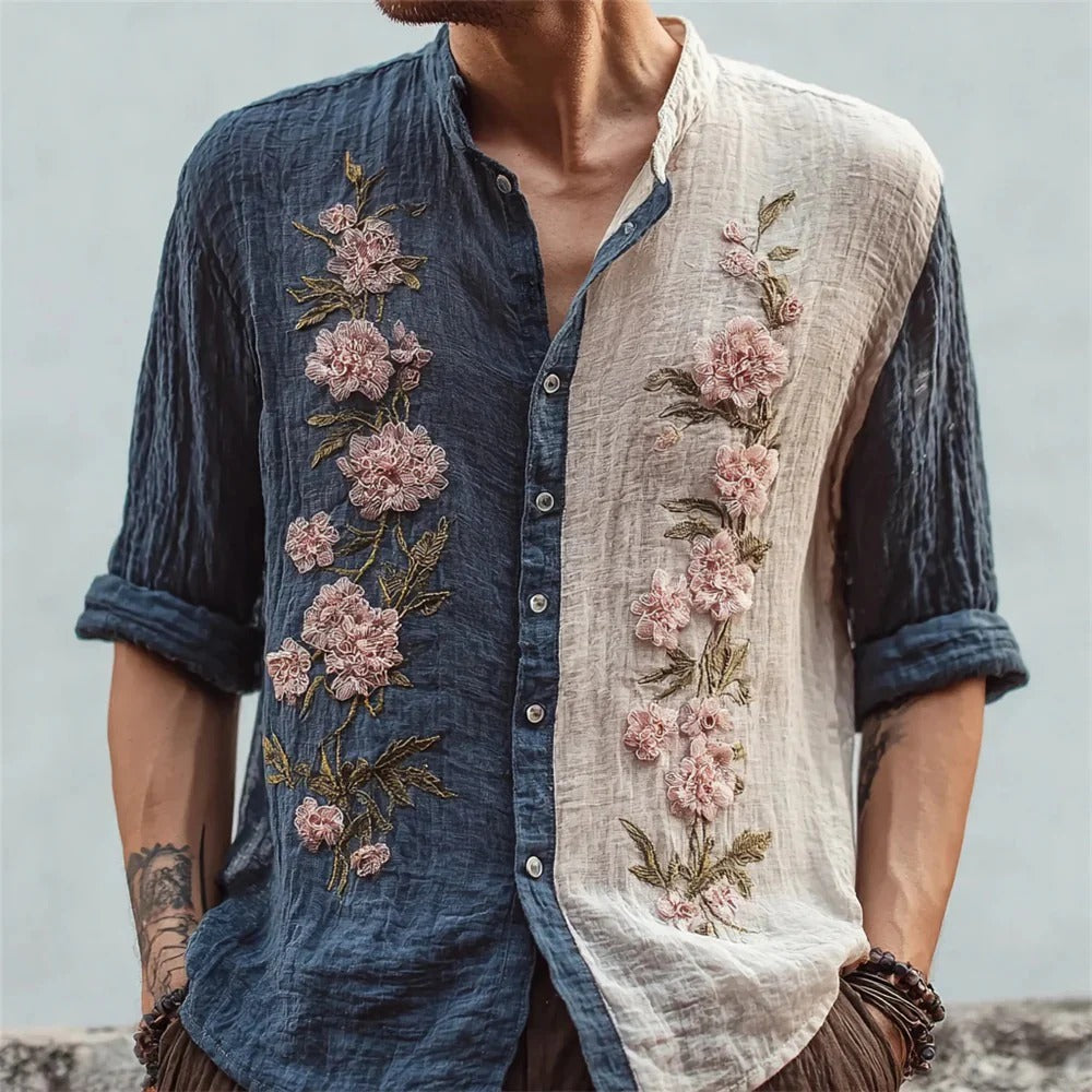 Indigo & Ivory Floral Split Shirt – Japanese Inspired Embroidered Linen Style Button-Up – Unisex Long Sleeve S–6XL