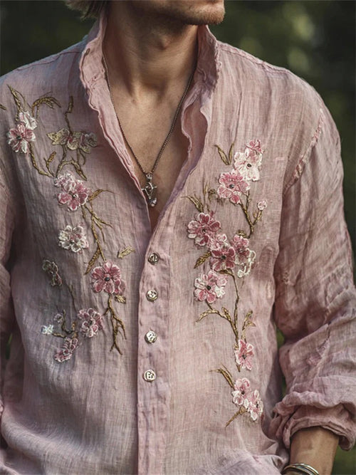 Blush Pink Floral Embroidered Linen Shirt – Vintage Boho Button Down – Relaxed Fit S–6XL