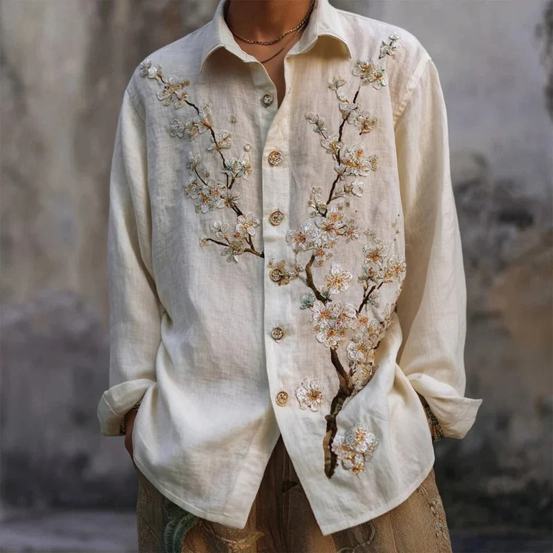 Ivory Blossom Embroidered Shirt – Japanese Cherry Branch Linen Style Button-Up – Unisex Long Sleeve S–6XL