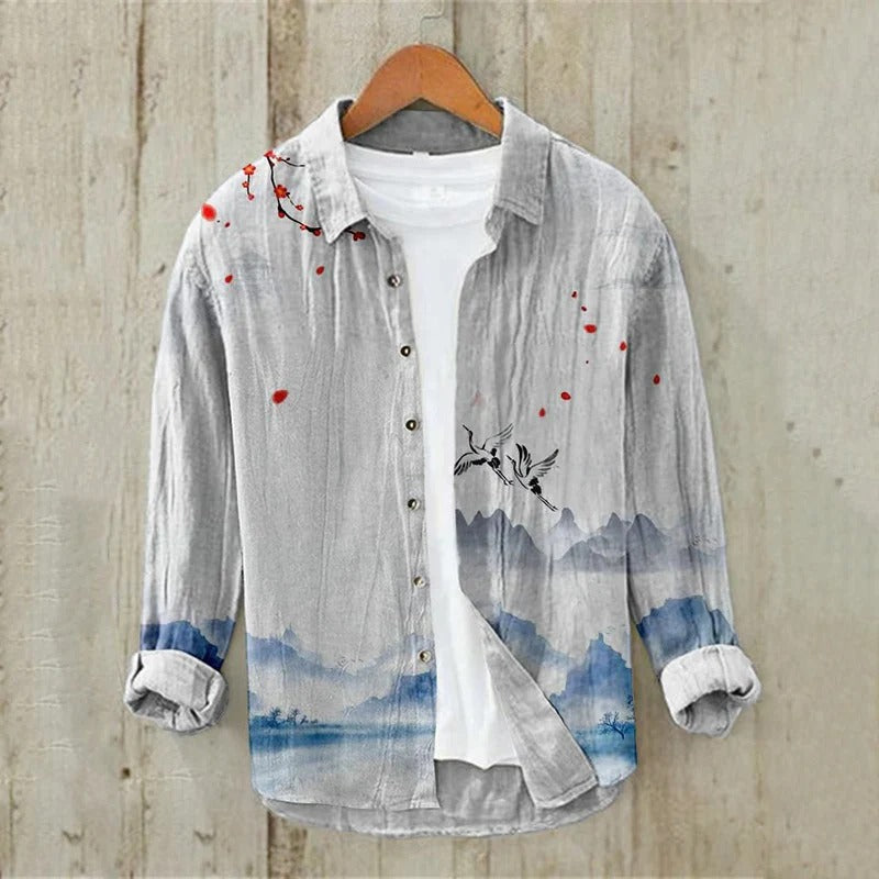 Japanese Crane Landscape Linen Shirt – Ink Wash Mountain Button Down – Artistic Casual S–6XL