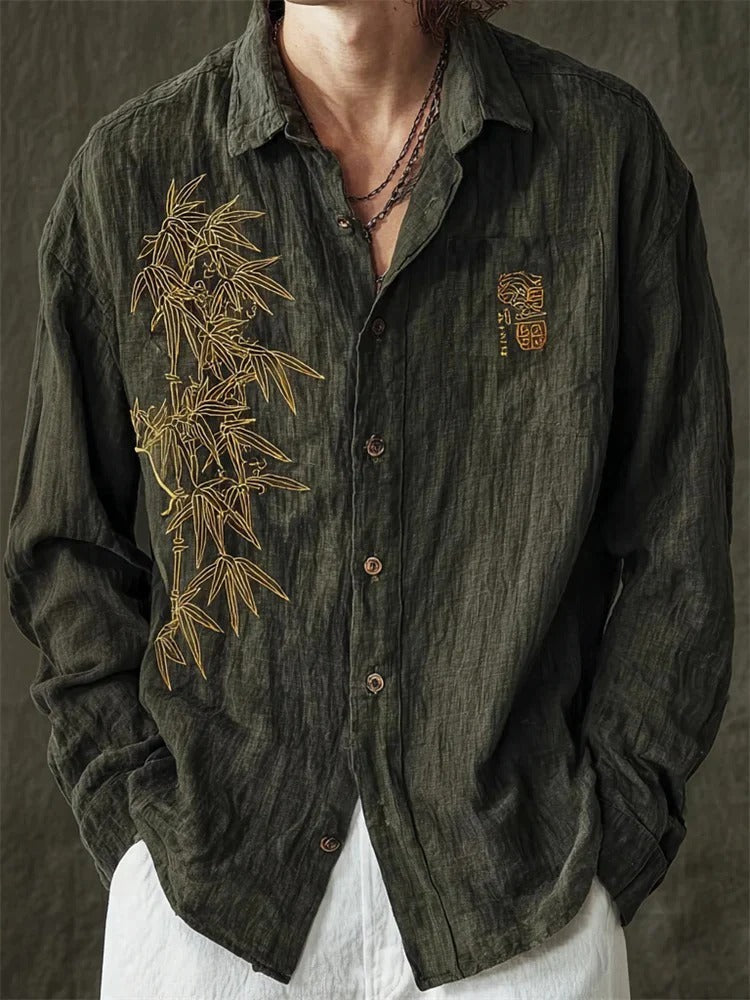 Dark Olive Bamboo Embroidered Shirt – Japanese Inspired Linen Style Button-Up – Unisex Long Sleeve S–6XL