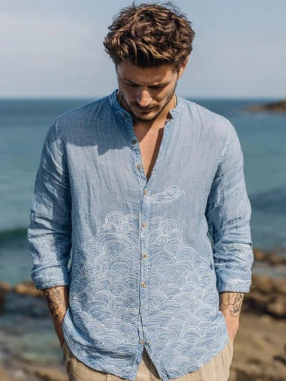 Coastal Wave Linen Shirt – Light Blue Japanese Ocean Print Button Down – Summer Casual S–6XL