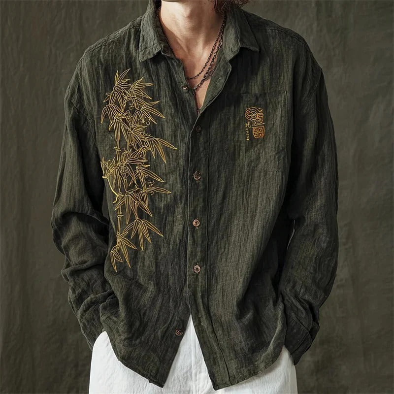 Dark Olive Bamboo Embroidered Shirt – Japanese Inspired Linen Style Button-Up – Unisex Long Sleeve S–6XL