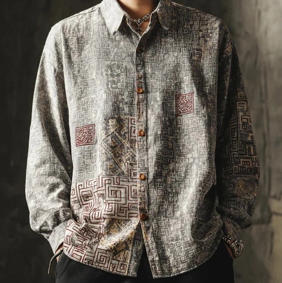 Japanese Geometric Ink Shirt – Vintage Maze Pattern Button Down – Textured Linen Casual Shirt S–6XL