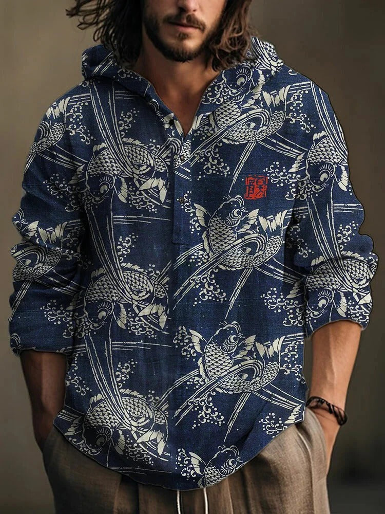Indigo Koi Hooded Shirt – Japanese Fish Print Casual Pullover – Artistic Long Sleeve Top S–6XL