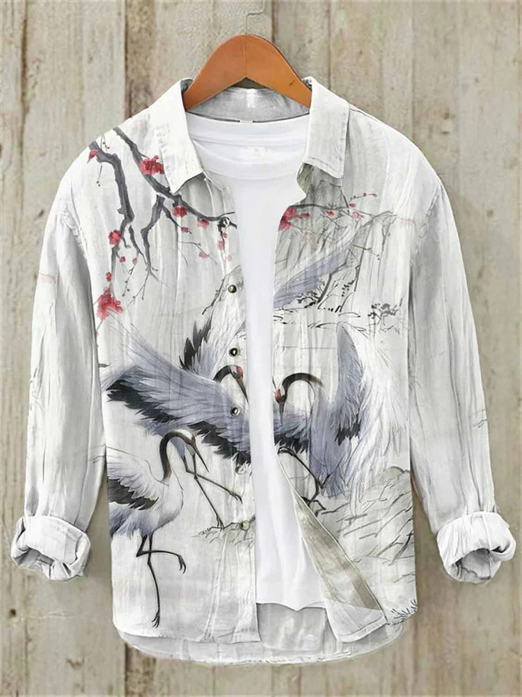 Japanese Ink Crane Blossom Shirt – Artistic Linen Button Down – Zen Inspired Casual Wear S–6XL
