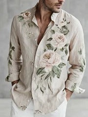 Beige Floral Linen Shirt – Vintage Botanical Elegant Button-Up