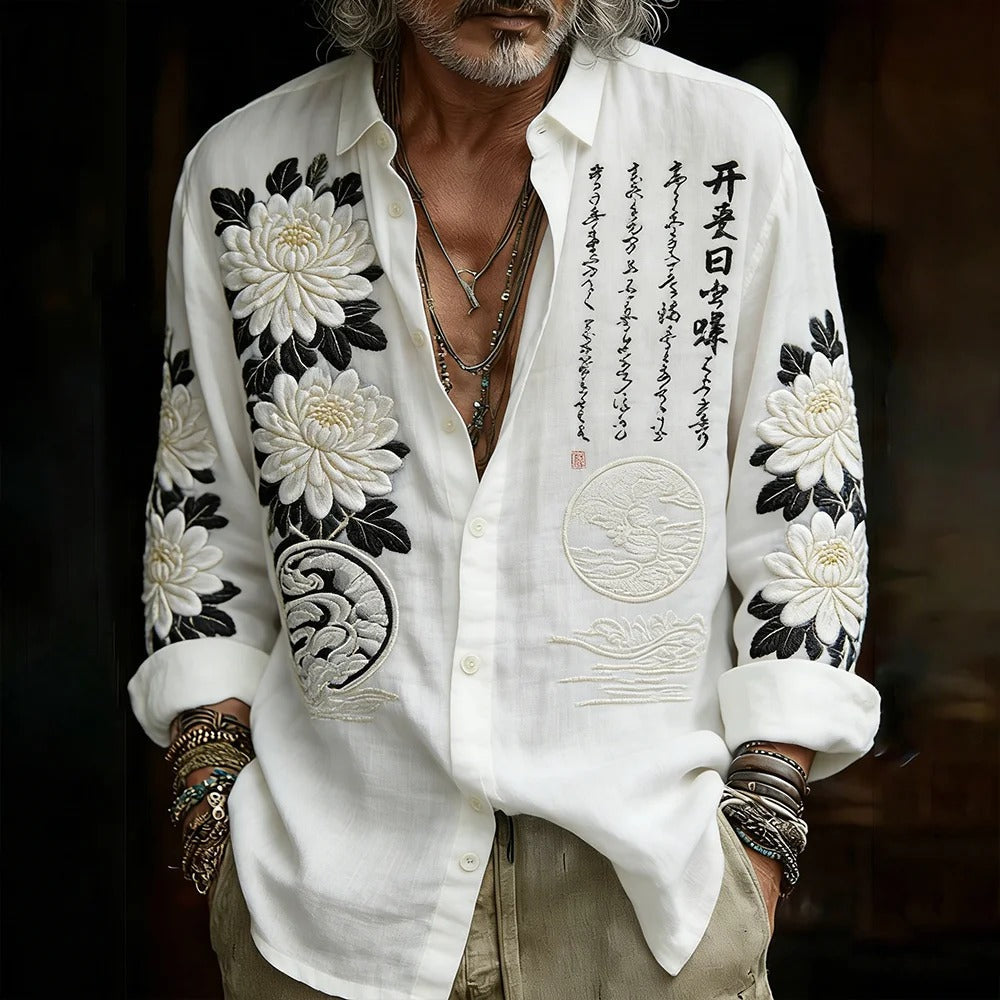 Japanese Calligraphy Floral Embroidered Shirt – Premium Zen Long Sleeve Button-Up