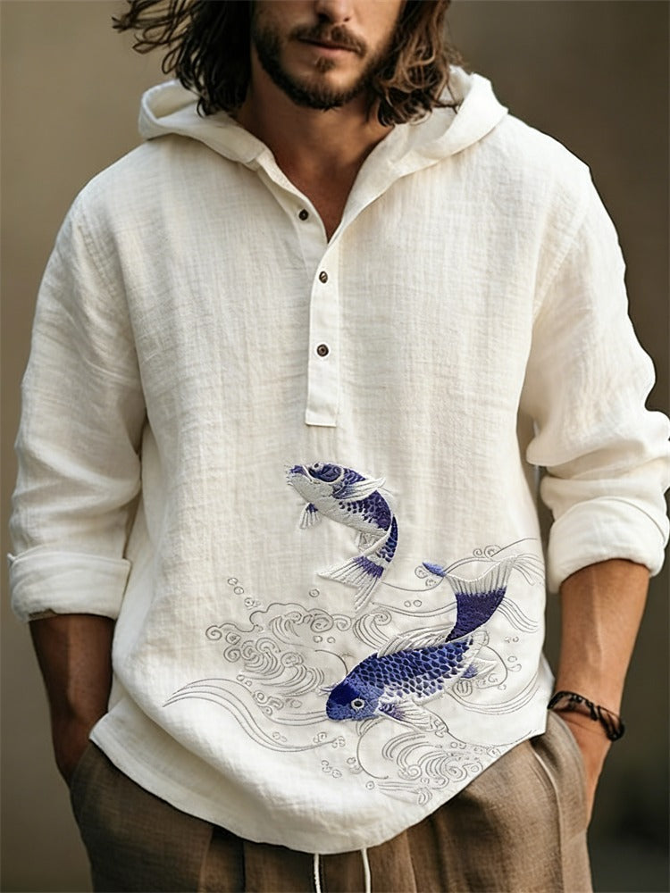 Koi Fish Zen Hoodie Shirt – Japanese Wave Linen Pullover