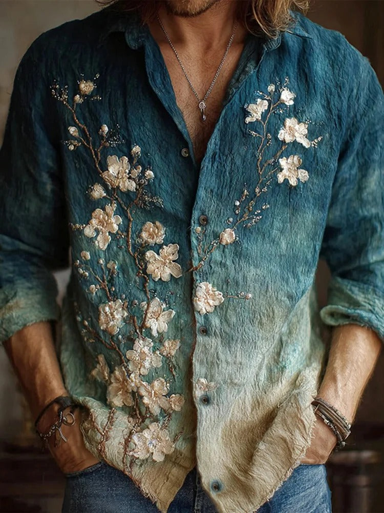 Gradient Floral Embroidered Linen Shirt – Vintage Ombre Botanical Button-Up