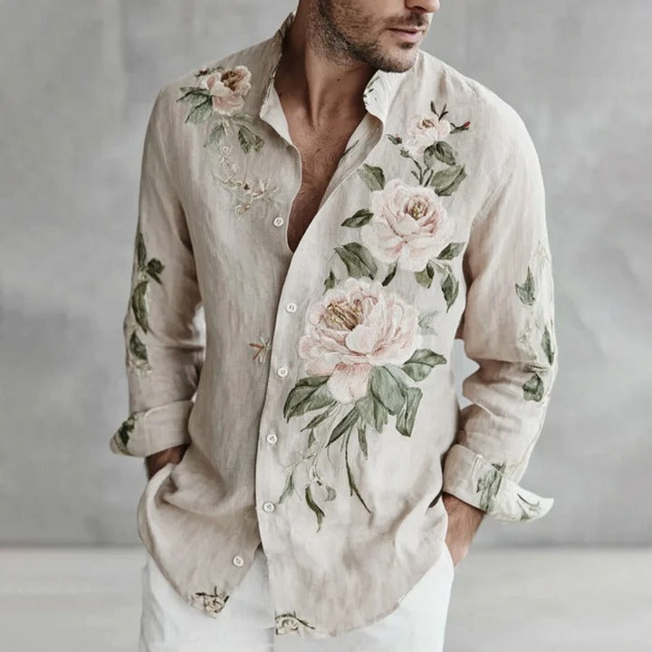 Beige Floral Linen Shirt – Vintage Botanical Elegant Button-Up