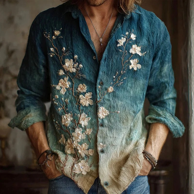 Gradient Floral Embroidered Linen Shirt – Vintage Ombre Botanical Button-Up