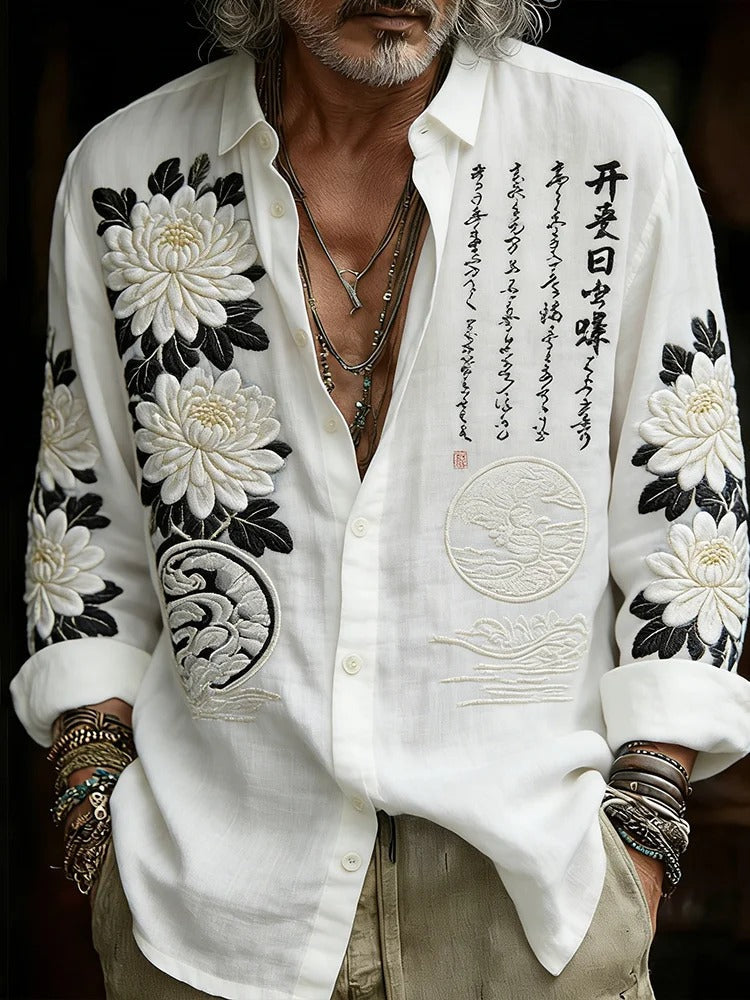 Japanese Calligraphy Floral Embroidered Shirt – Premium Zen Long Sleeve Button-Up